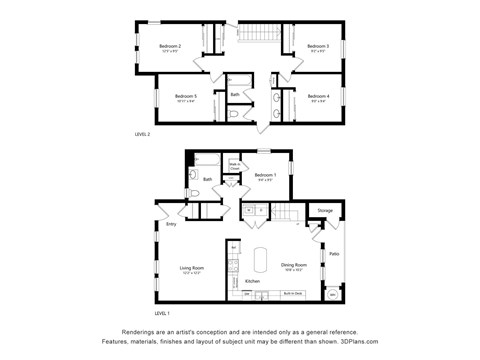 A floor plan of a two level home with five bedrooms and two bathrooms.